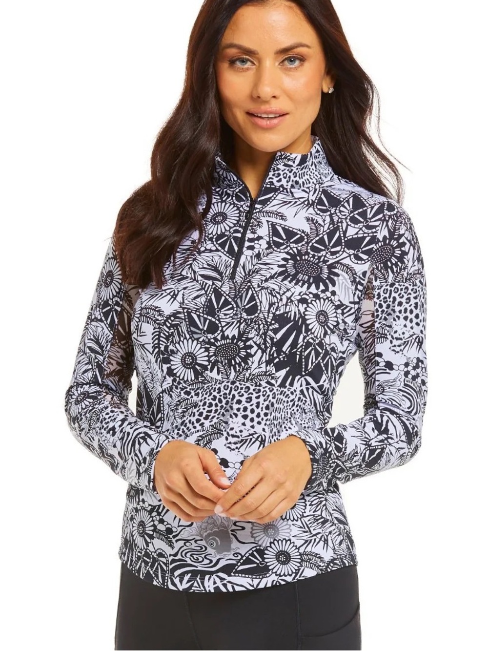 Ibkul Long Sleeve UPF 50+ 1/4 Zip Pullover in Bamboo Garden Print Black/White S